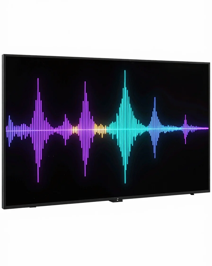 Render 3D editorial de ondas sonoras luminosas em ciano e violeta