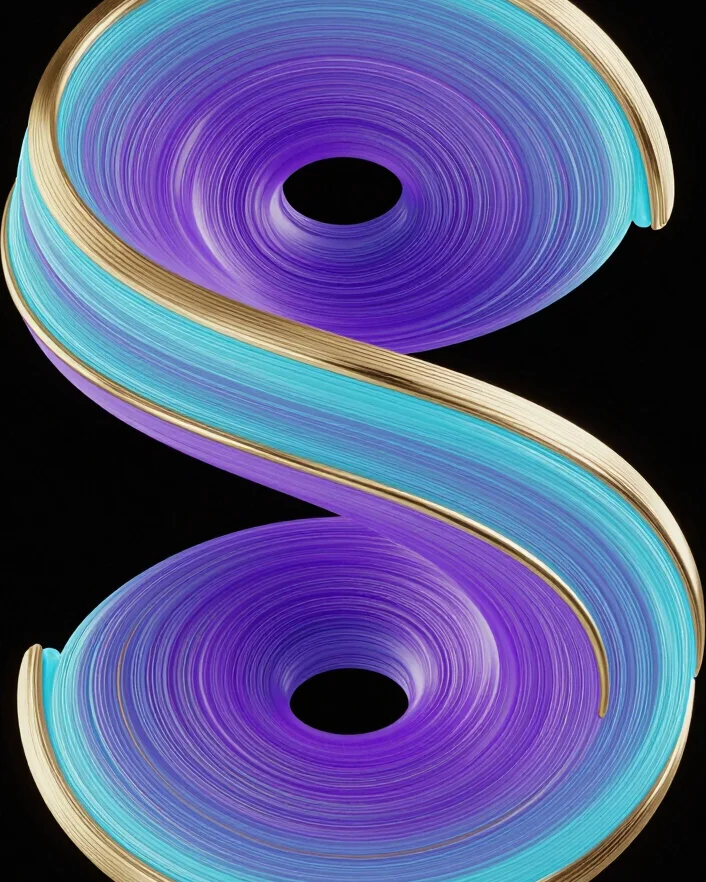 Render 3D editorial de ondas luminosas ciano e violeta em espiral