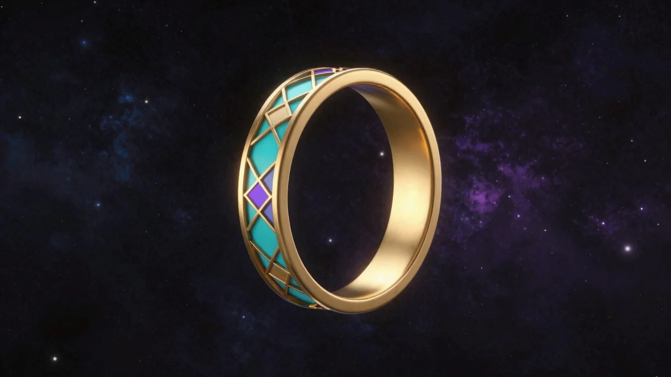 Geometria sagrada em anel dourado e ciano flutuando sobre fundo c