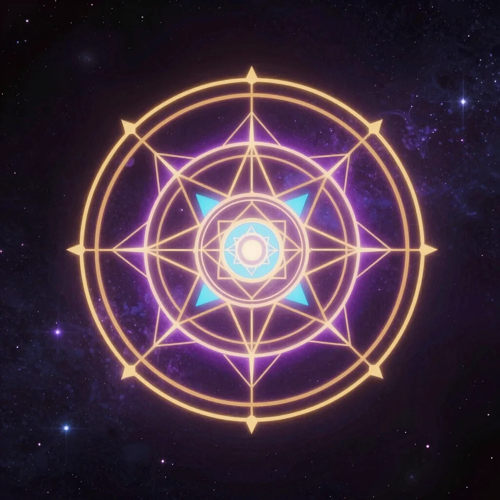 Visualização de geometria sagrada com mandala luminosa violeta e