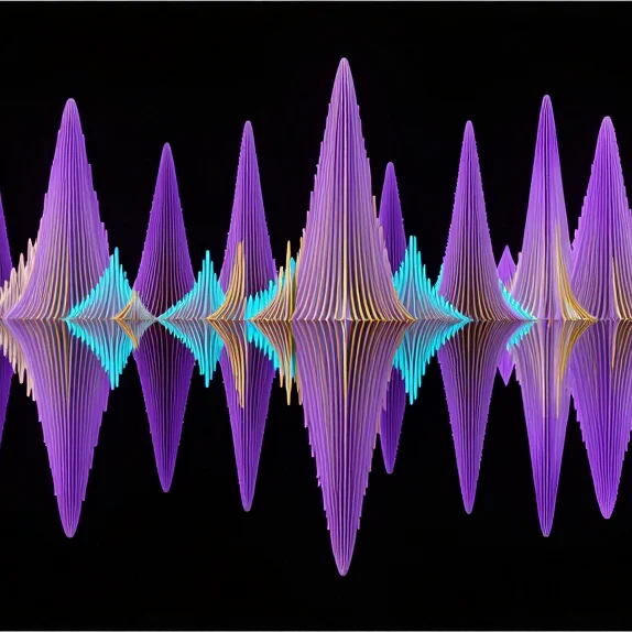 Onda sonora tridimensional em linhas neon violeta girando sobre f
