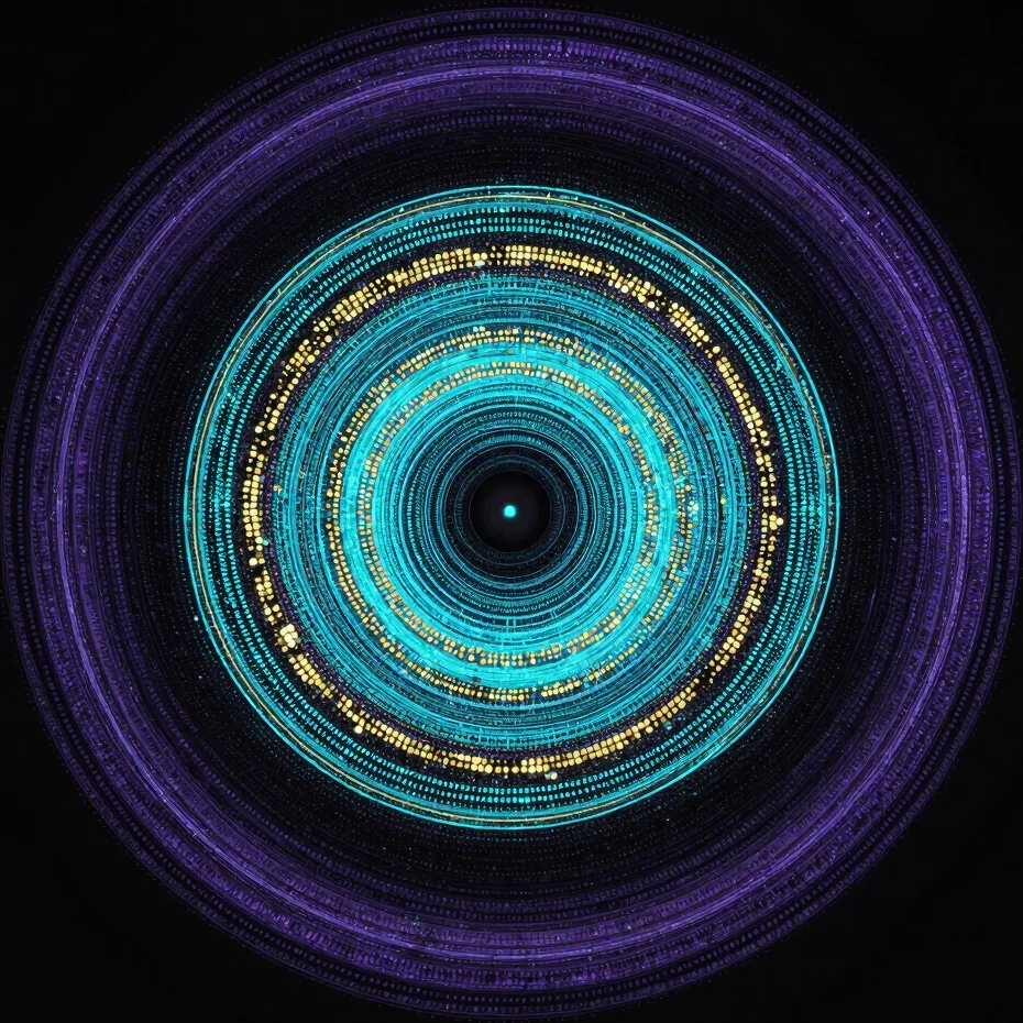 Interface abstrata de visualização sonora com espiral luminosa ci